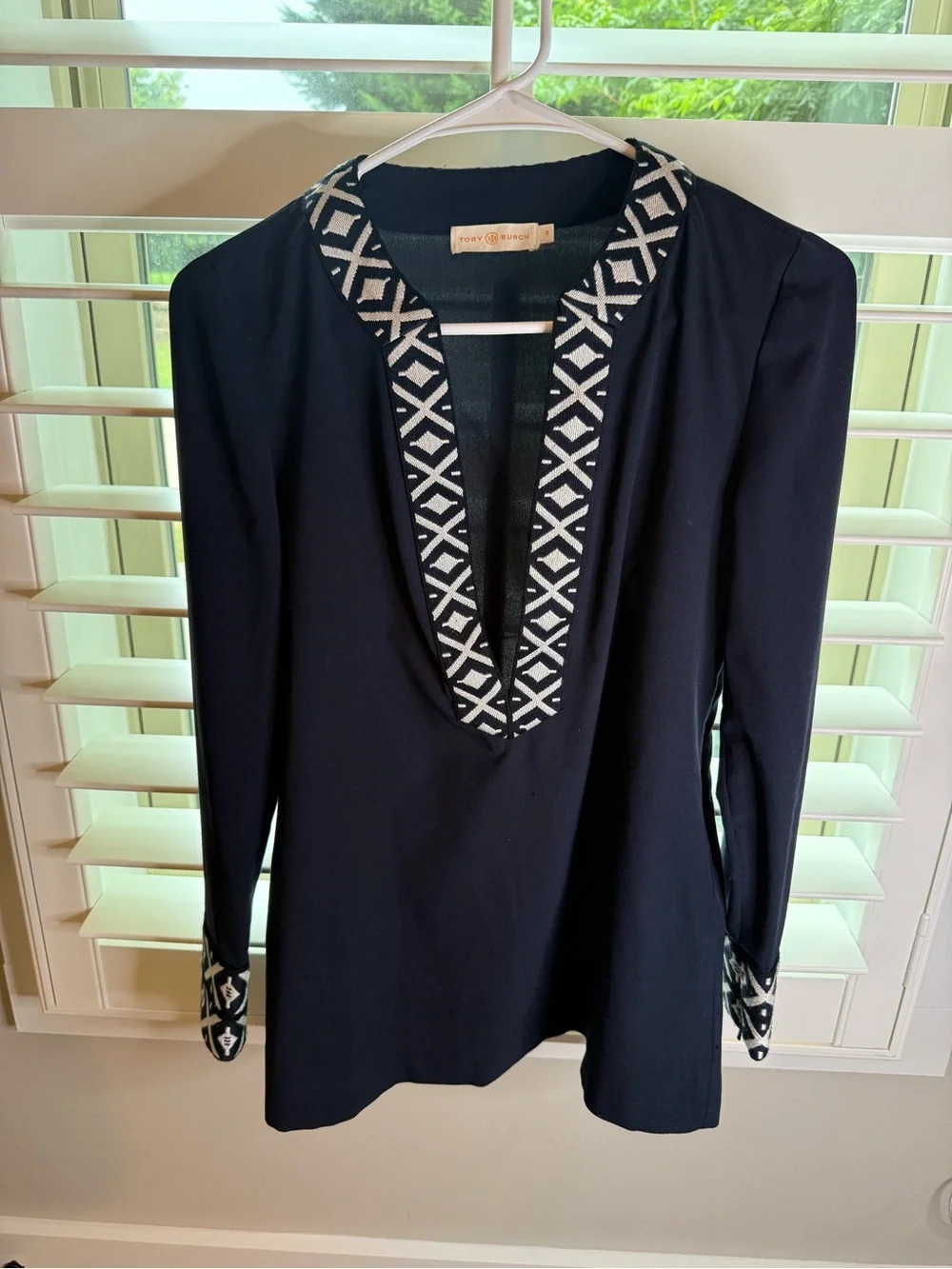 Tory Burch Navy Embroidered V-Neck Blouse